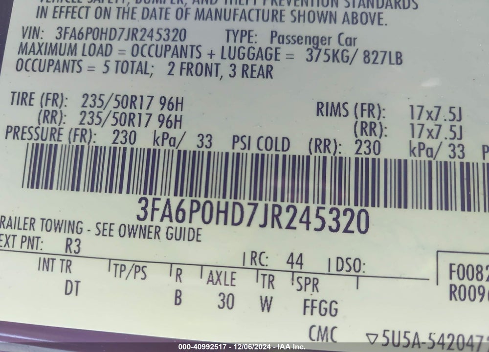 2018 FORD FUSION VIN: 3FA6P0HD7JR245320