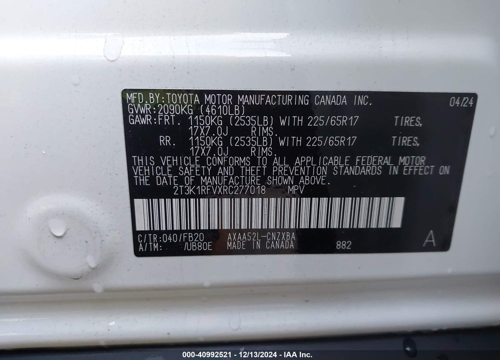 2024 TOYOTA RAV4 LE VIN: 2T3K1RFVXRC277018