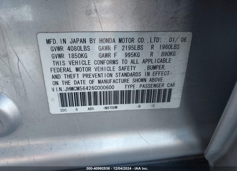 2006 HONDA ACCORD 2.4 LX VIN: JHMCM56426C000600
