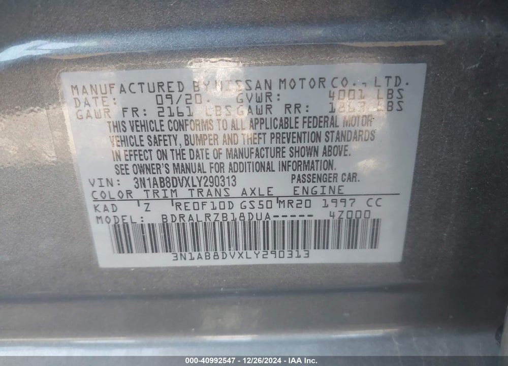 2020 NISSAN SENTRA SR XTRONIC CVT VIN: 3N1AB8DVXLY290313