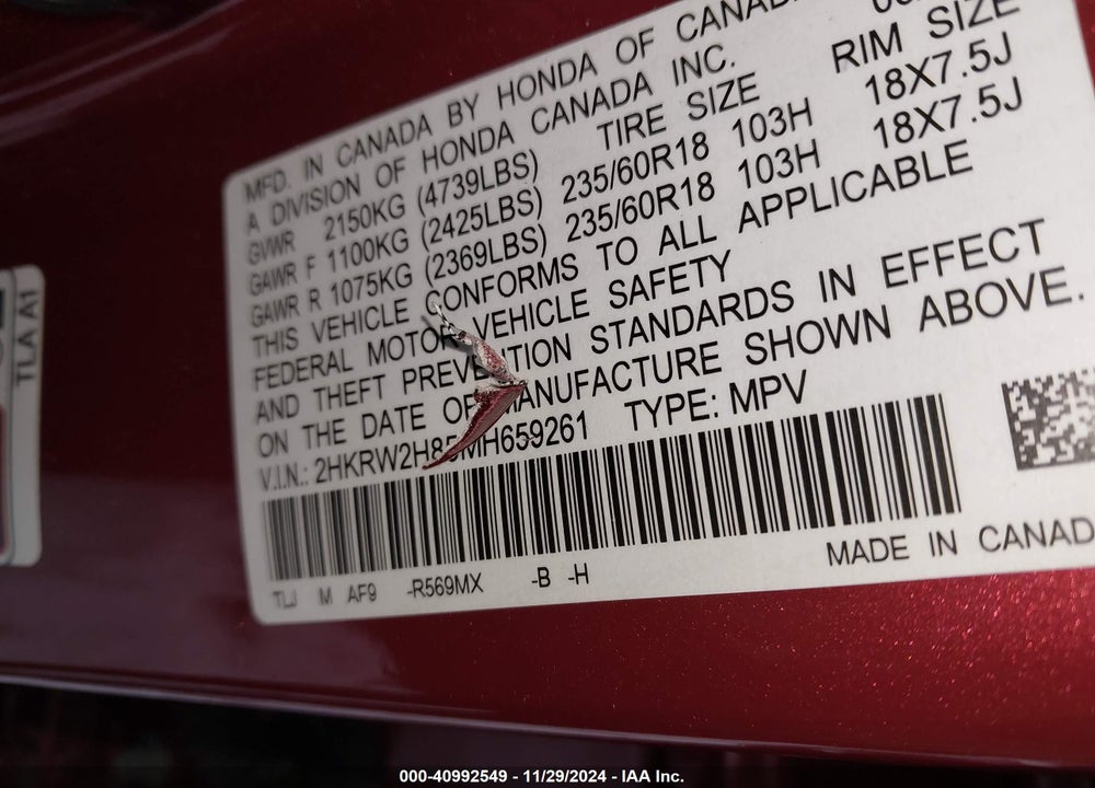 2021 HONDA CR-V AWD EX-L VIN: 2HKRW2H85MH659261