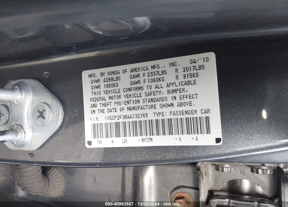 2010 HONDA ACCORD 2.4 LX VIN: 1HGCP2F38AA132765