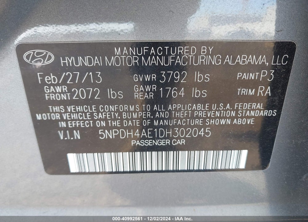 2013 HYUNDAI ELANTRA GLS VIN: 5NPDH4AE1DH302045