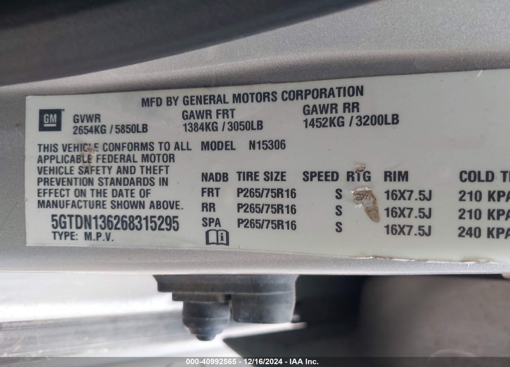 2006 HUMMER H3 SUV VIN: 5GTDN136268315295