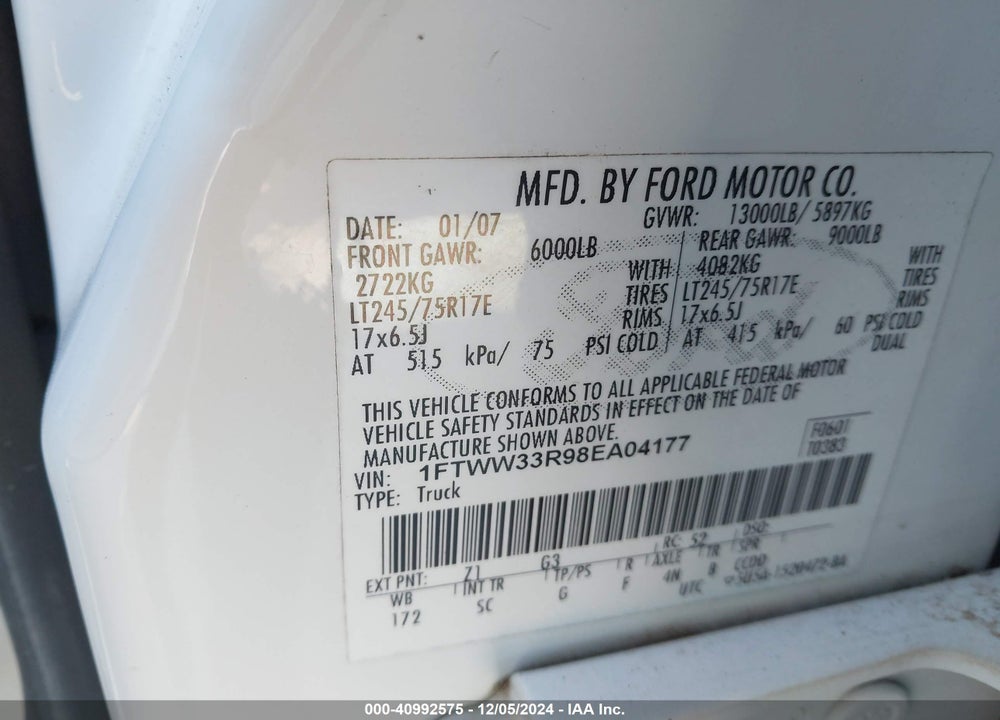 2008 FORD F-350 KING RANCH VIN: 1FTWW33R98EA04177