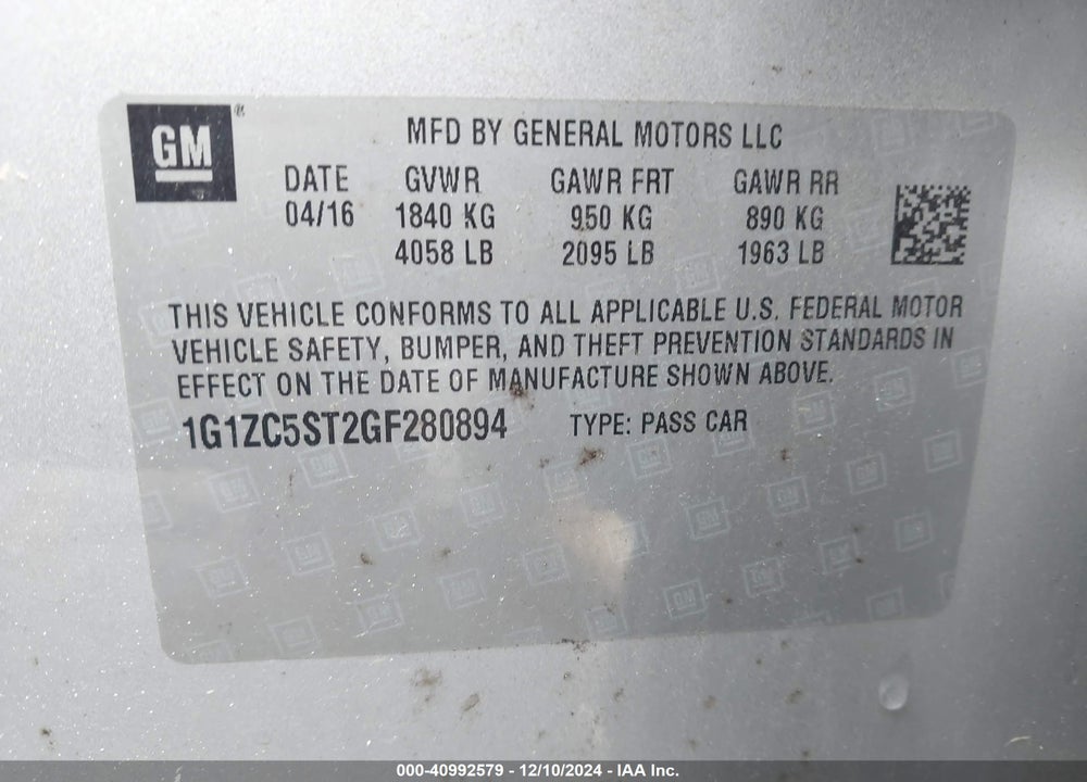 2016 CHEVROLET MALIBU VIN: 1G1ZC5ST2GF280894
