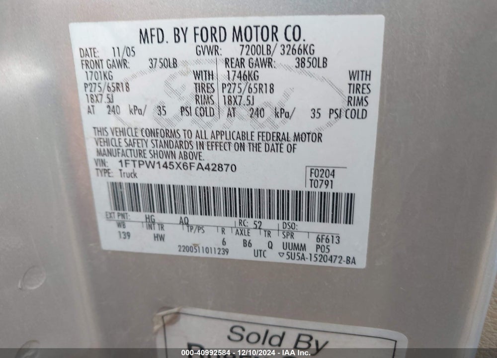 2006 FORD F-150 FX4/LARIAT/XLT VIN: 1FTPW145X6FA42870