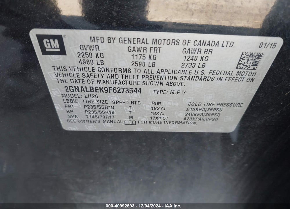 2015 CHEVROLET EQUINOX 1LT VIN: 2GNALBEK9F6273544