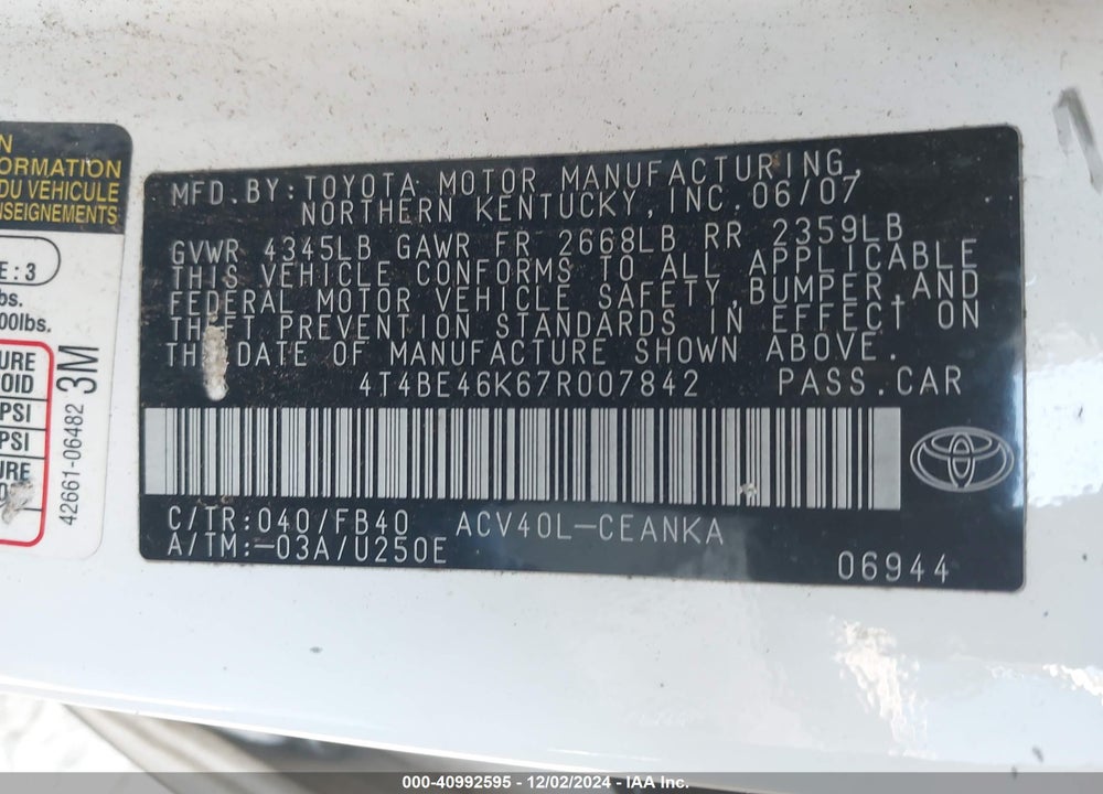 2007 TOYOTA CAMRY LE VIN: 4T4BE46K67R007842