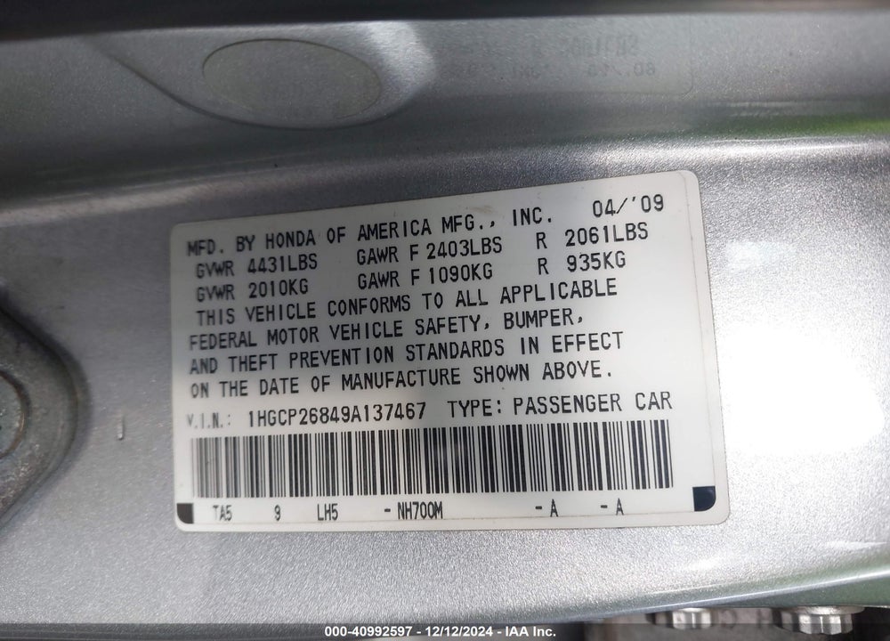 2009 HONDA ACCORD 2.4 EX-L VIN: 1HGCP26849A137467