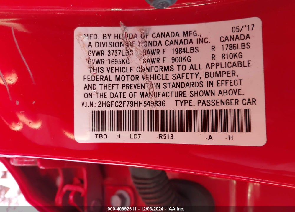 2017 HONDA CIVIC EX VIN: 2HGFC2F79HH549836