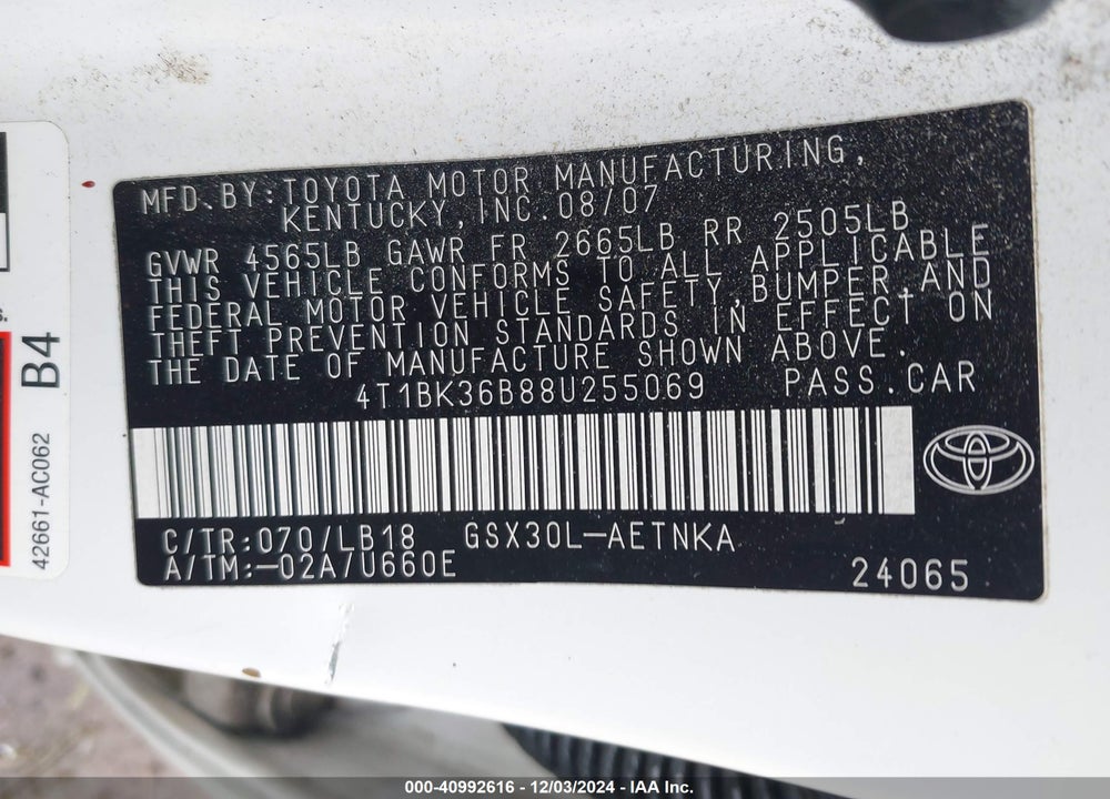 2008 TOYOTA AVALON TOURING VIN: 4T1BK36B88U255069