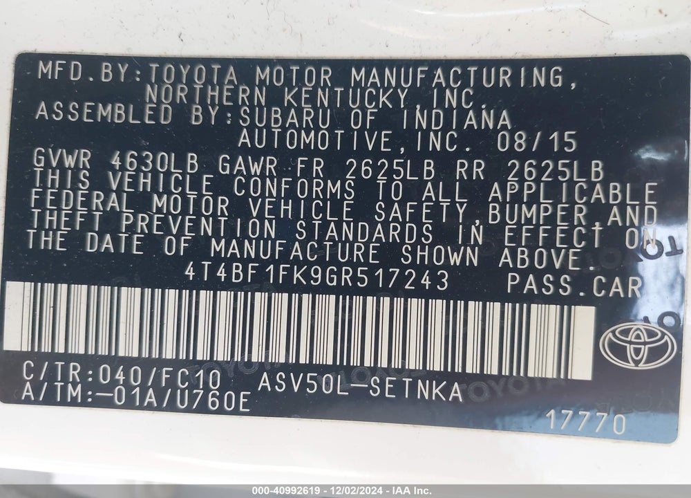 2016 TOYOTA CAMRY LE VIN: 4T4BF1FK9GR517243
