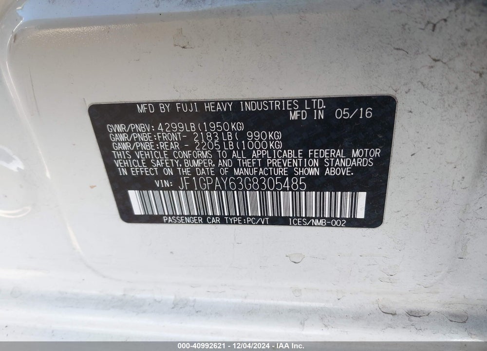 2016 SUBARU IMPREZA 2.0I SPORT LIMITED VIN: JF1GPAY63G8305485
