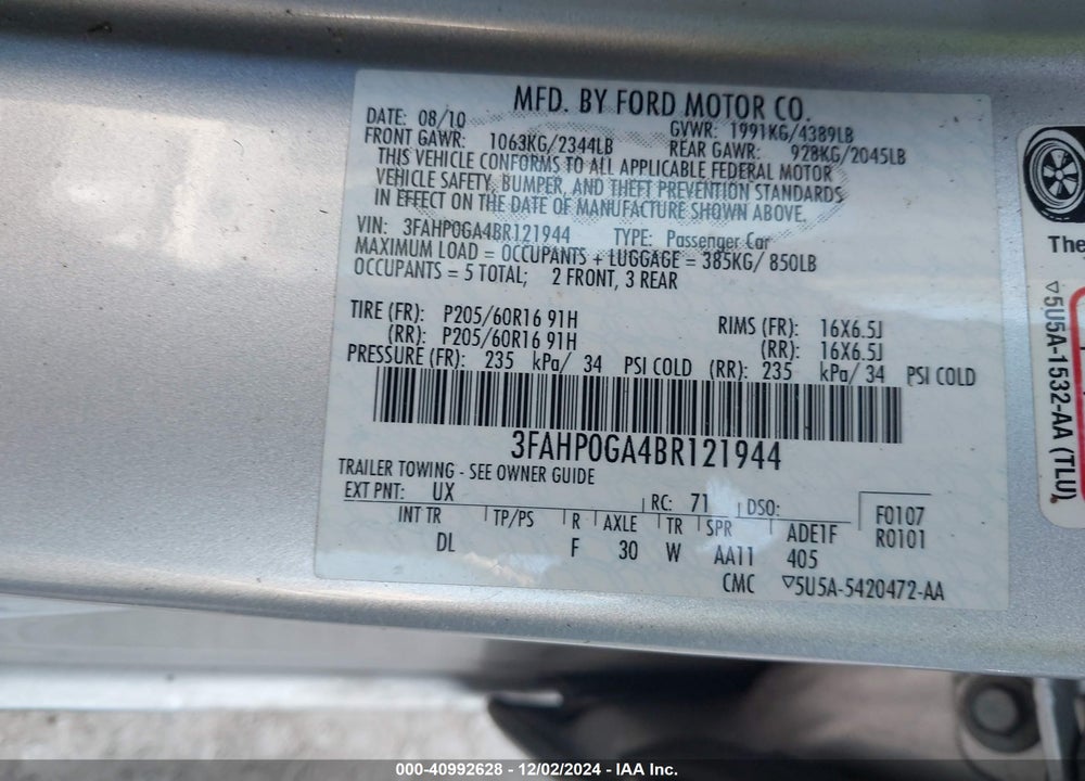 2011 FORD FUSION S VIN: 3FAHP0GA4BR121944