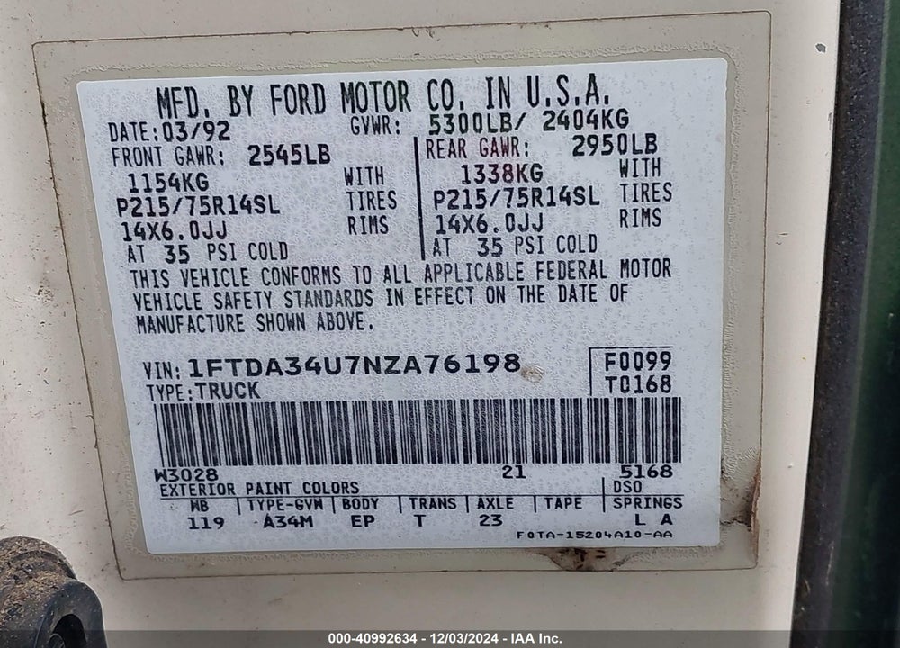 1992 FORD AEROSTAR VIN: 1FTDA34U7NZA76198