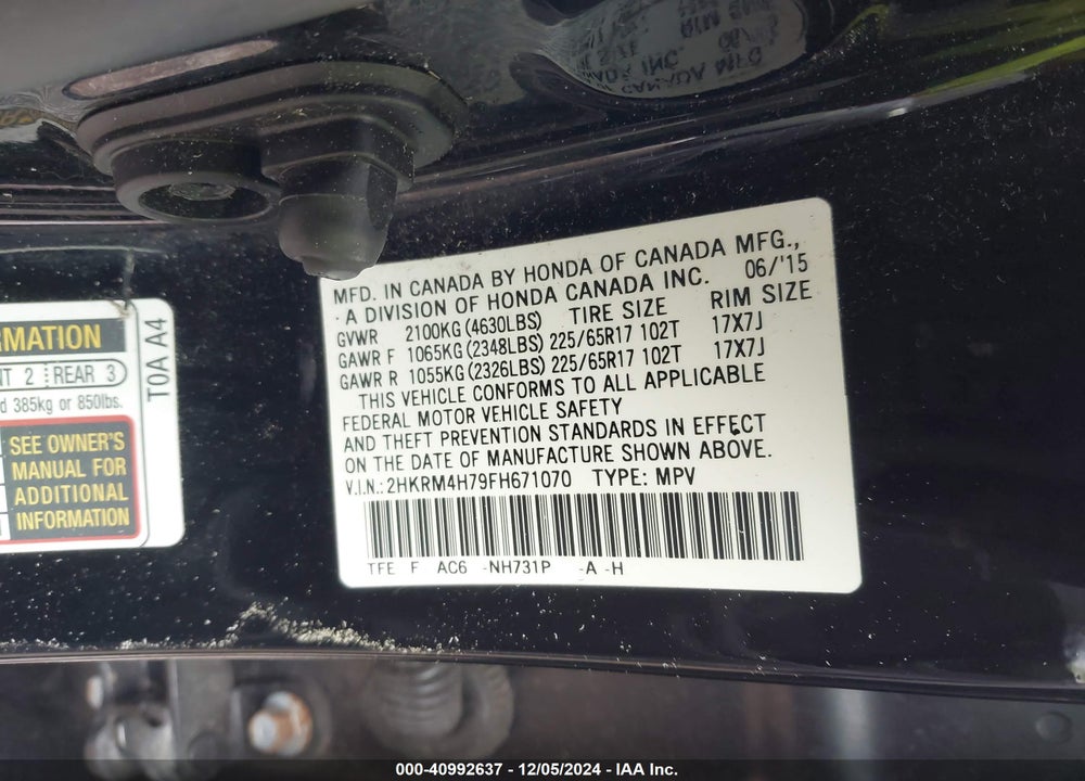 2015 HONDA CR-V EX-L VIN: 2HKRM4H79FH671070