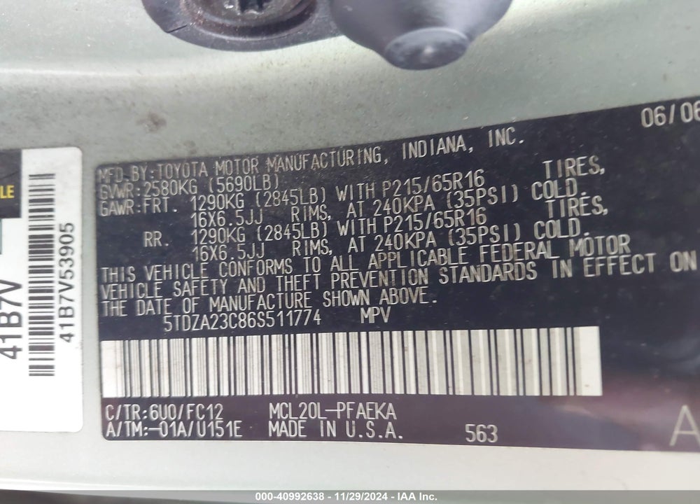 2006 TOYOTA SIENNA LE VIN: 5TDZA23C86S511774