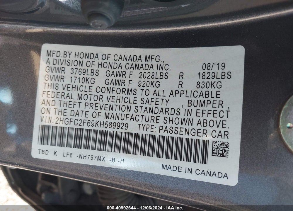 2019 HONDA CIVIC LX VIN: 2HGFC2F69KH589929