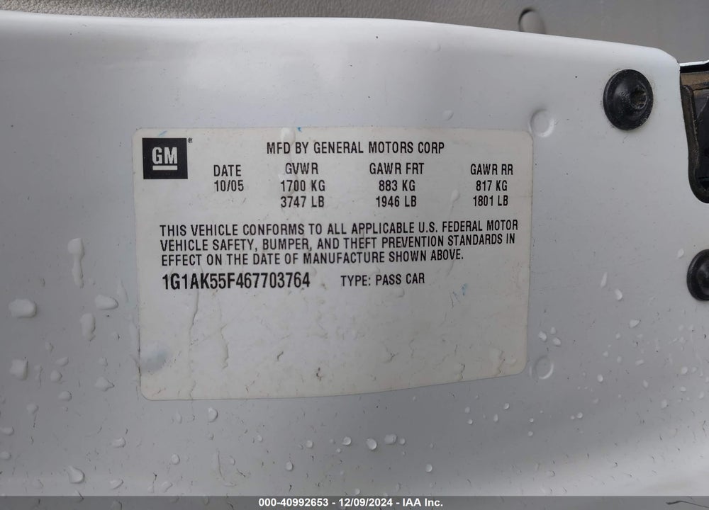 2006 CHEVROLET COBALT LS VIN: 1G1AK55F467703764