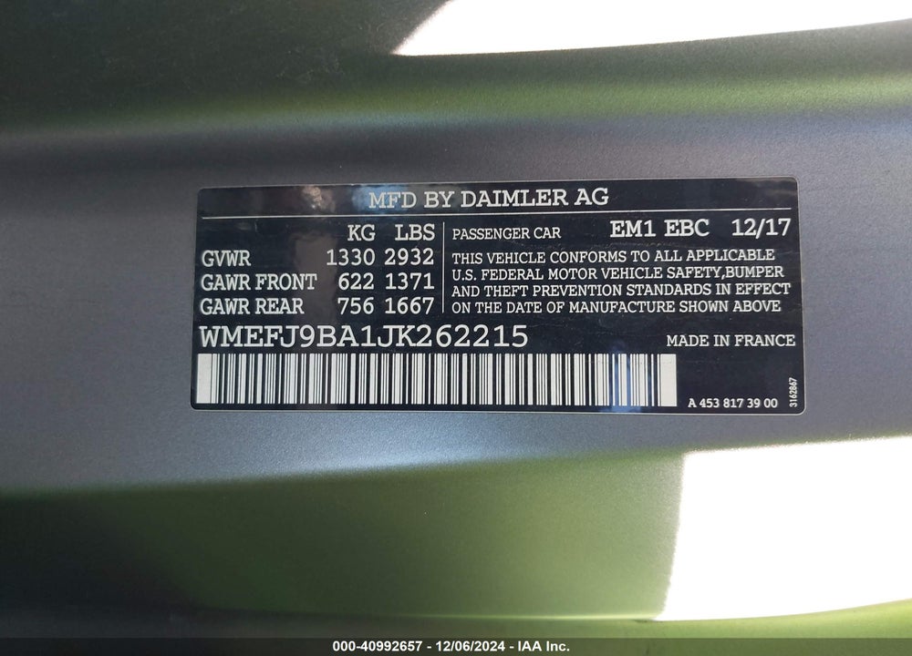 2018 SMART FORTWO ELECTRIC DRIVE PASSION/PRIME/PURE VIN: WMEFJ9BA1JK262215