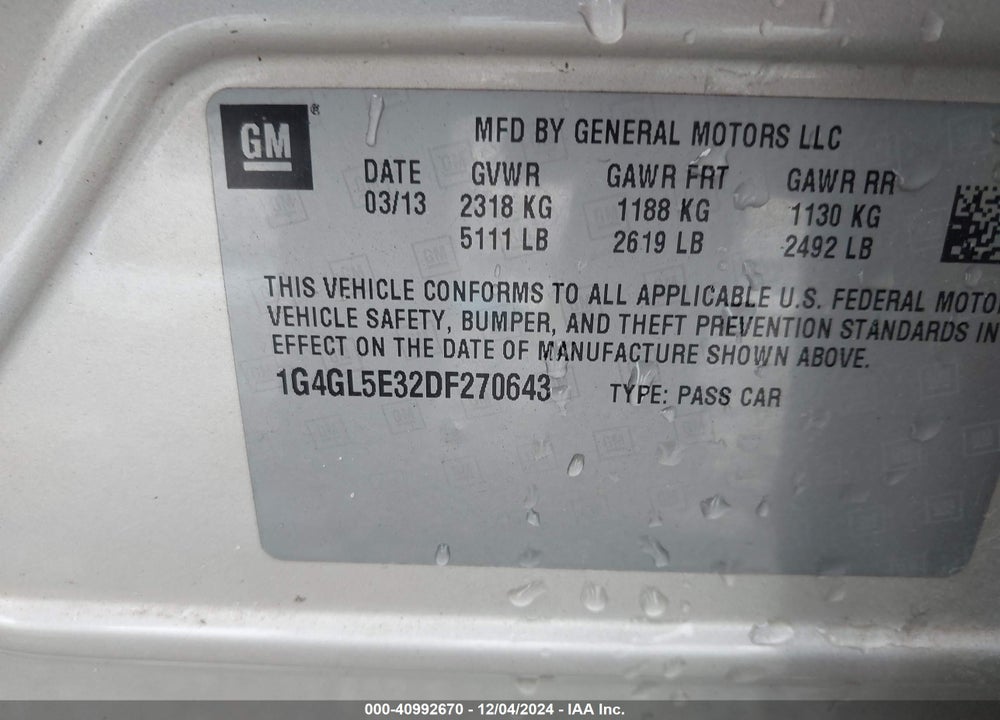 2013 BUICK LACROSSE LEATHER GROUP VIN: 1G4GL5E32DF270643