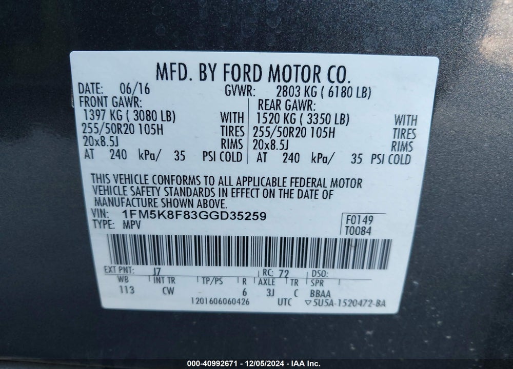 2016 FORD EXPLORER LIMITED VIN: 1FM5K8F83GGD35259