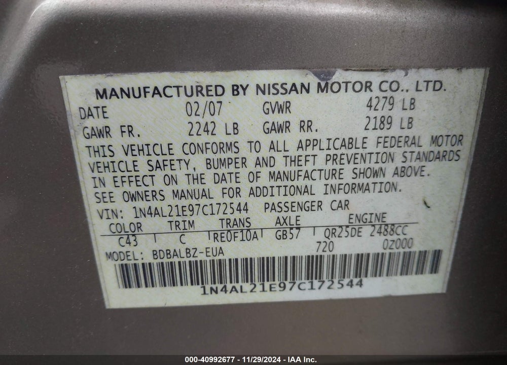 2007 NISSAN ALTIMA 2.5 S VIN: 1N4AL21E97C172544