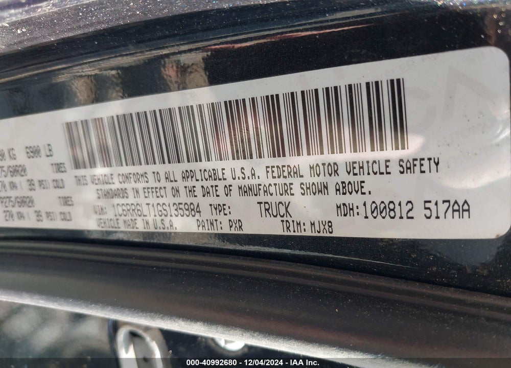2016 RAM 1500 BIG HORN VIN: 1C6RR6LT1GS135984