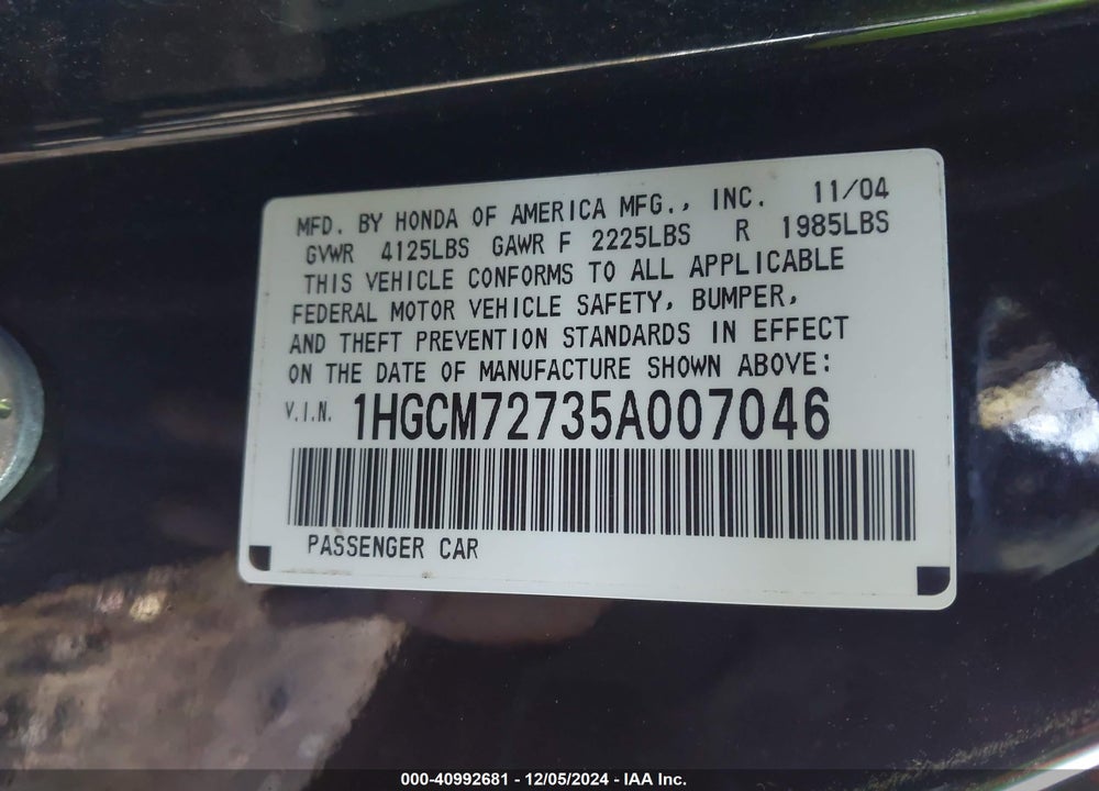 2005 HONDA ACCORD 2.4 EX VIN: 1HGCM72735A007046