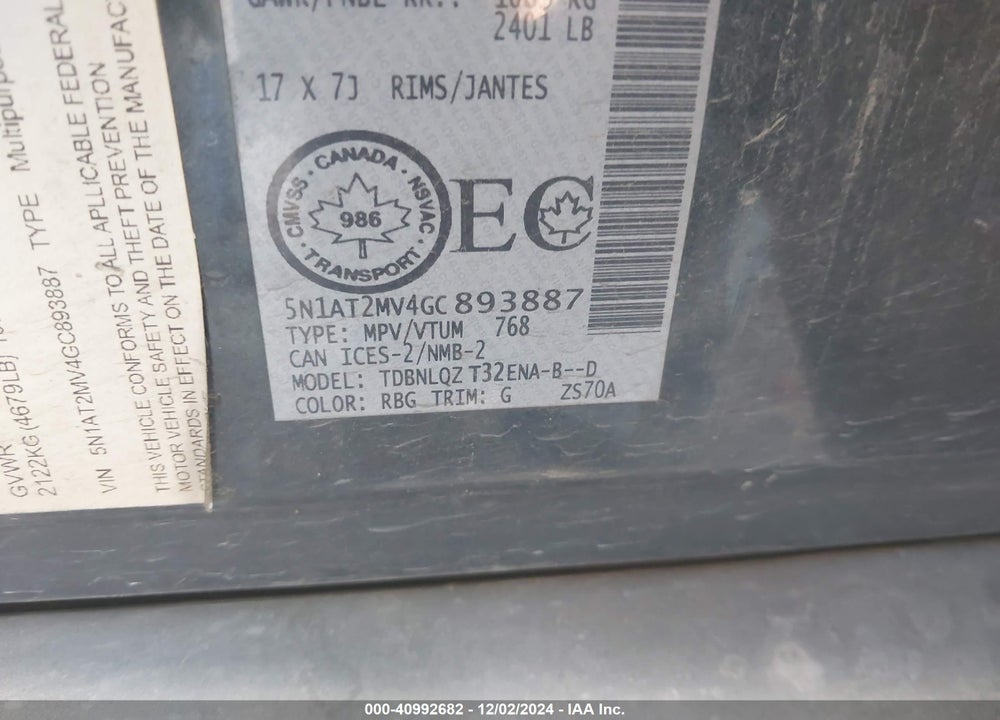 2016 NISSAN ROGUE VIN: 5N1AT2MV4GC893887
