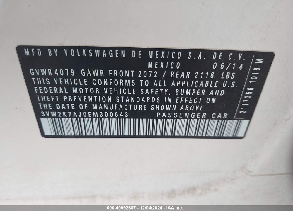 2014 VOLKSWAGEN JETTA 2.0L S VIN: 3VW2K7AJ0EM300643