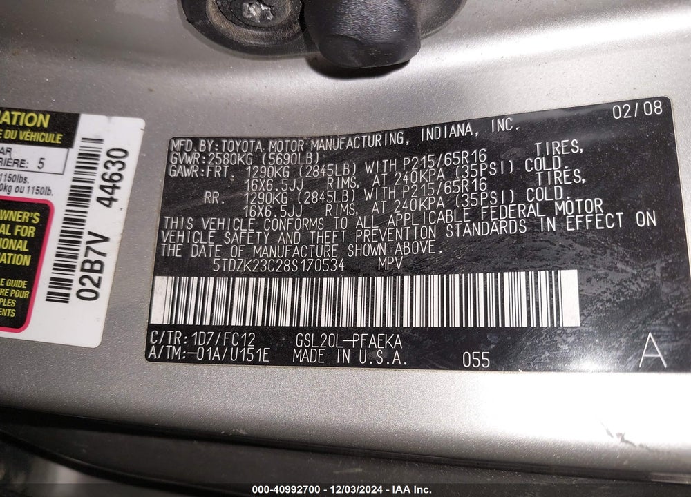 2008 TOYOTA SIENNA LE VIN: 5TDZK23C28S170534