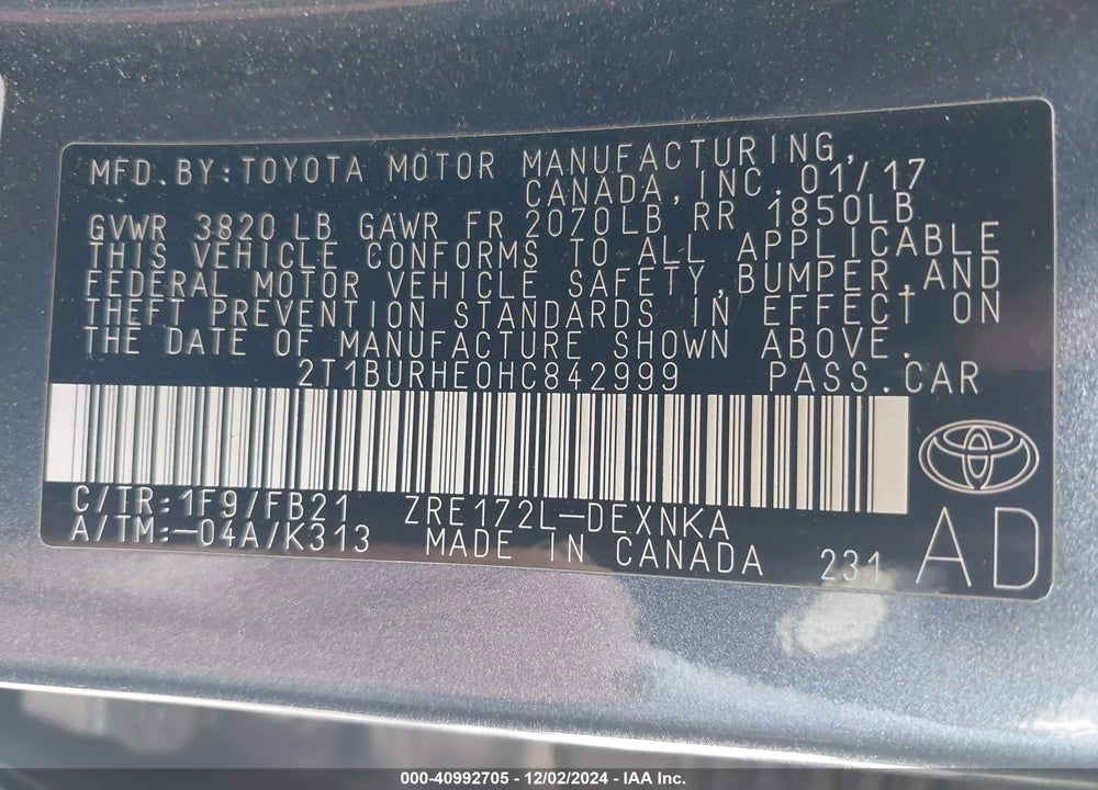 2017 TOYOTA COROLLA VIN: 2T1BURHE0HC842999