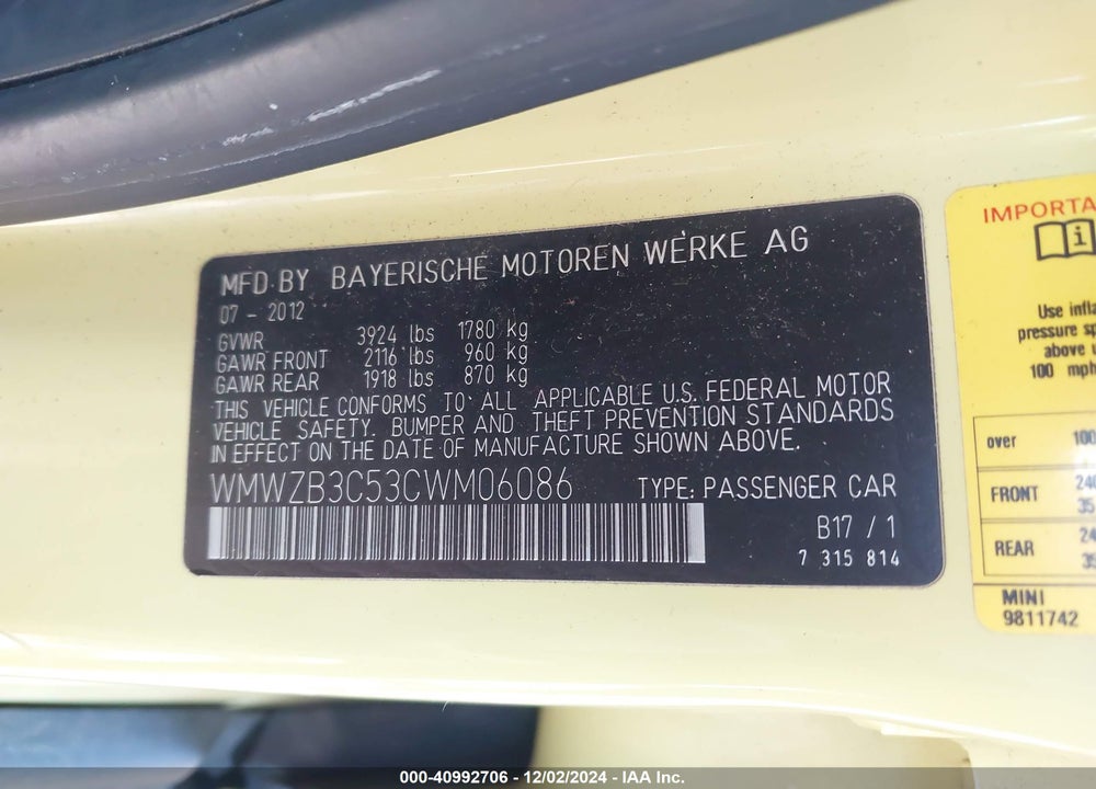 2012 MINI COOPER COUNTRYMAN VIN: WMWZB3C53CWM06086