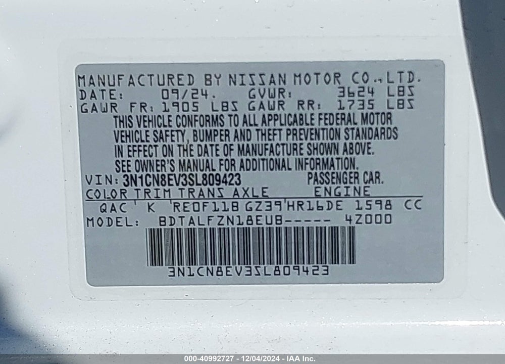 2025 NISSAN VERSA VIN: 3N1CN8EV3SL809423