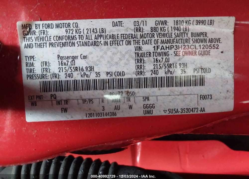 2012 FORD FOCUS SEL VIN: 1FAHP3H23CL120552
