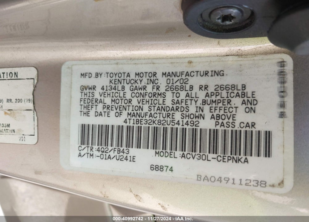 2002 TOYOTA CAMRY LE VIN: 4T1BE32K82U541492