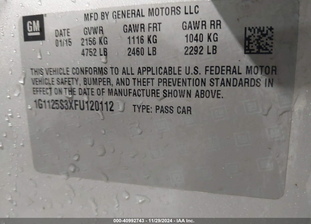 2015 CHEVROLET IMPALA 2LT VIN: 1G1125S3XFU120112
