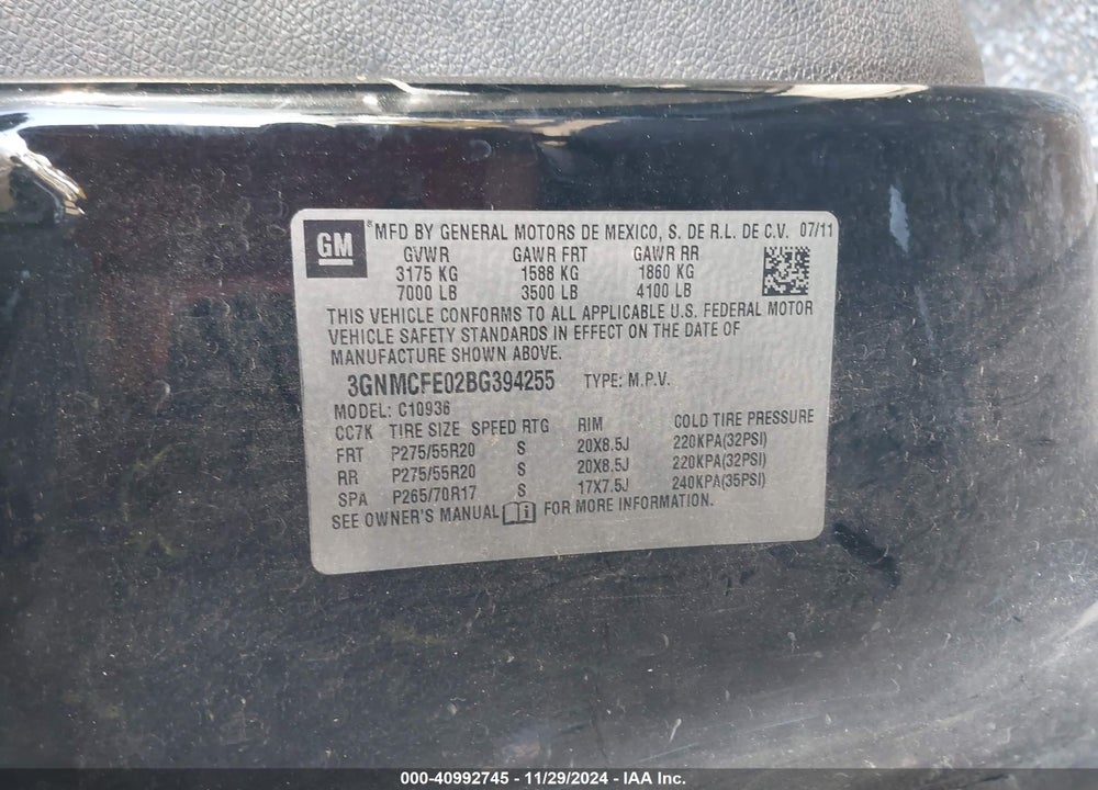 2011 CHEVROLET AVALANCHE 1500 LT1 VIN: 3GNMCFE02BG394255