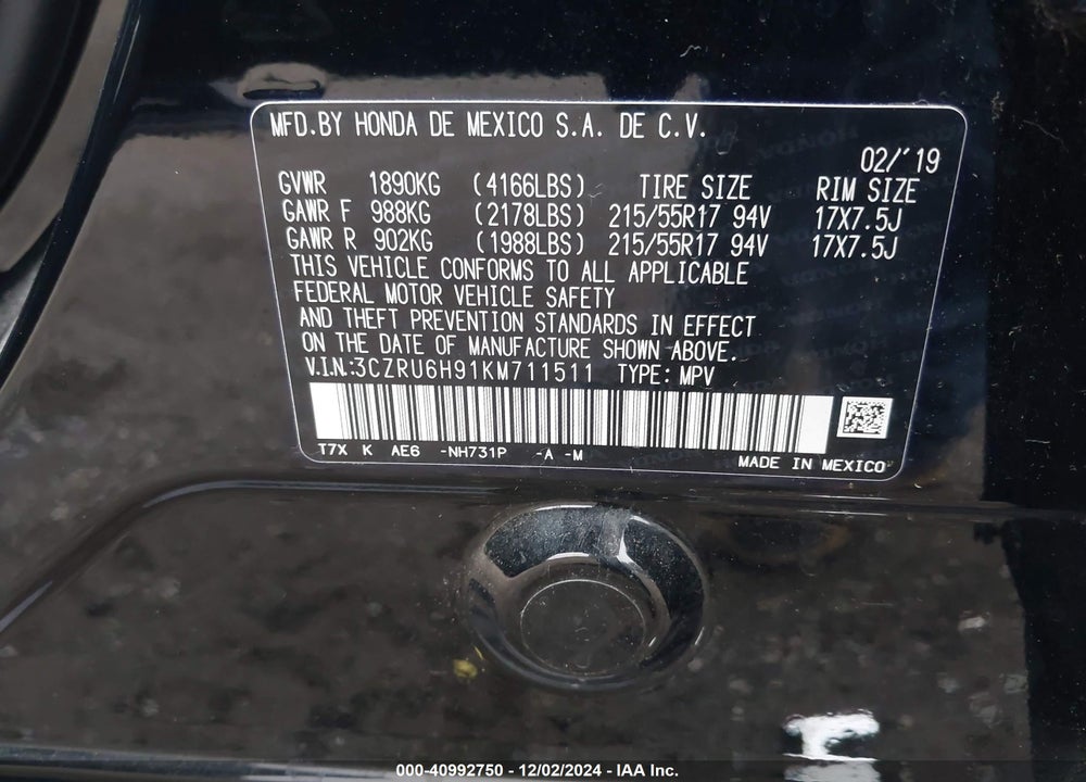 2019 HONDA HR-V TOURING VIN: 3CZRU6H91KM711511