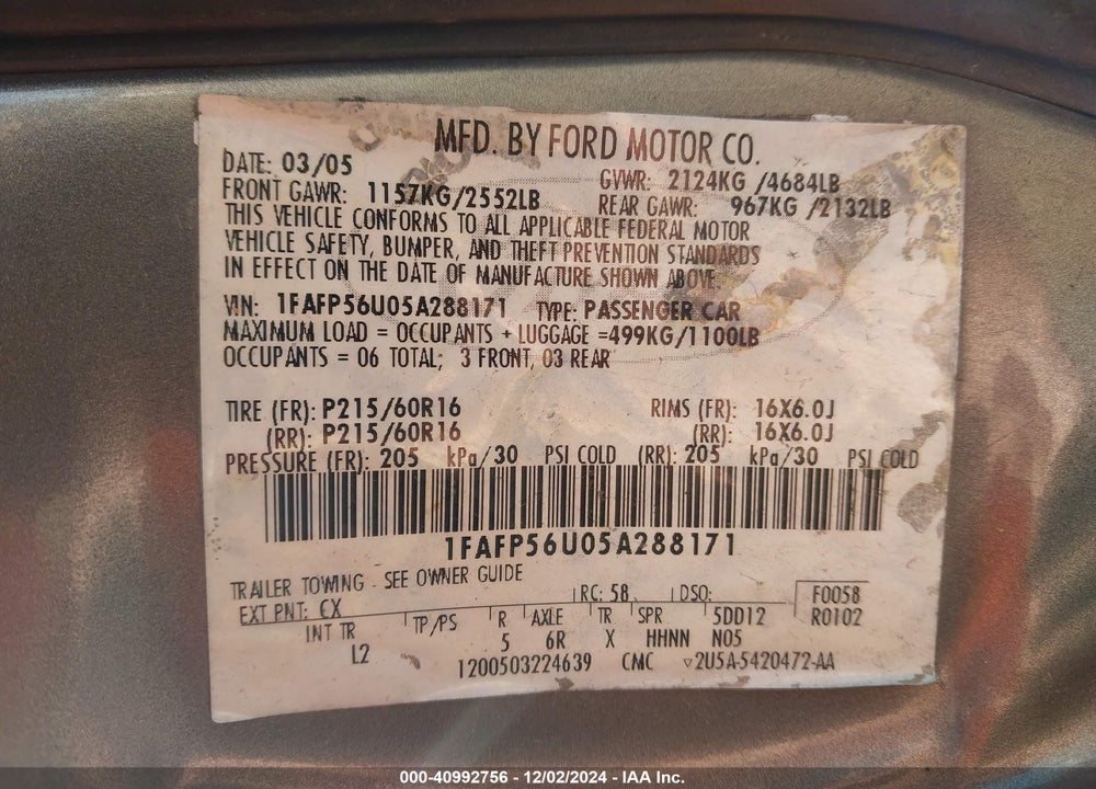2005 FORD TAURUS SEL VIN: 1FAFP56U05A288171
