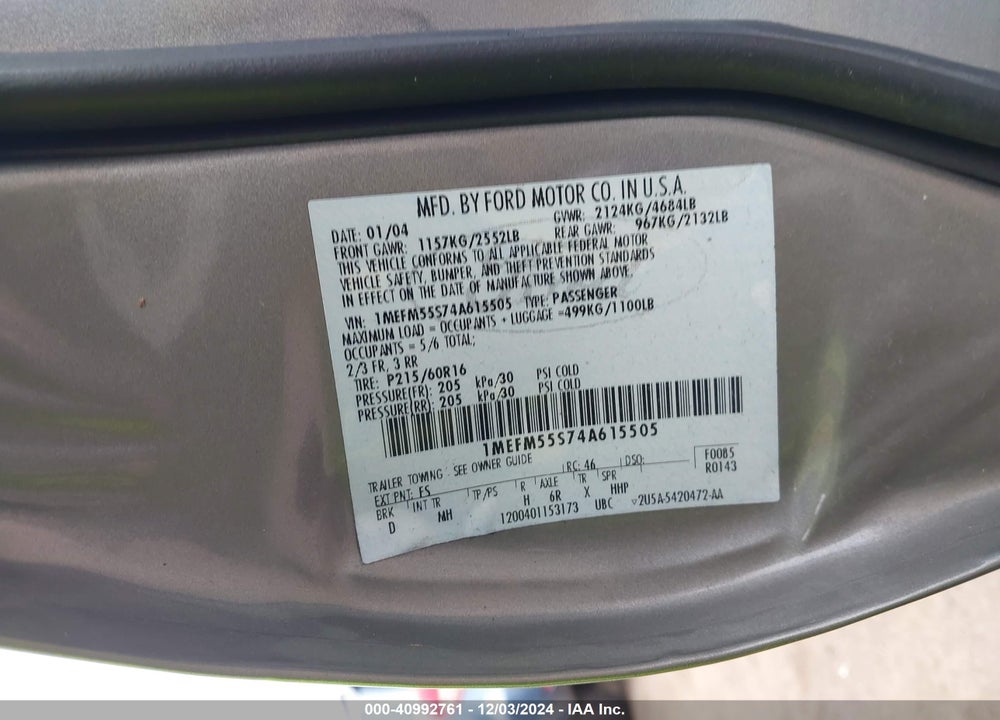 2004 MERCURY SABLE LS PREMIUM VIN: 1MEFM55S74A615505