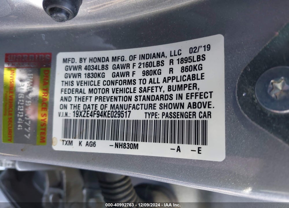 2019 HONDA INSIGHT TOURING VIN: 19XZE4F94KE029517