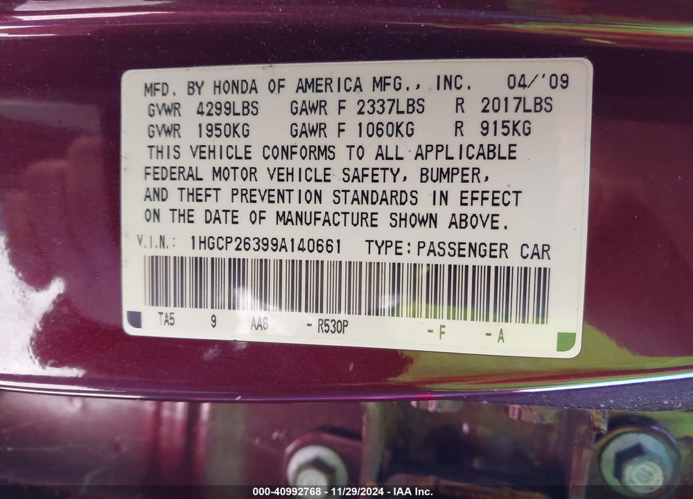 2009 HONDA ACCORD 2.4 LX VIN: 1HGCP26399A140661