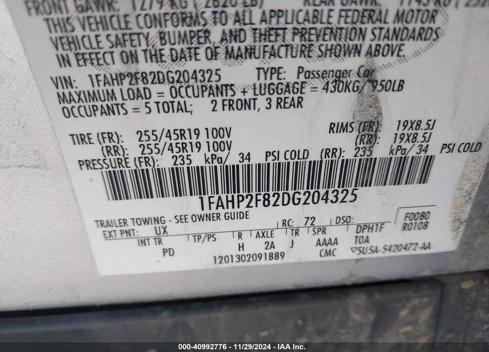 2013 FORD TAURUS LIMITED VIN: 1FAHP2F82DG204325