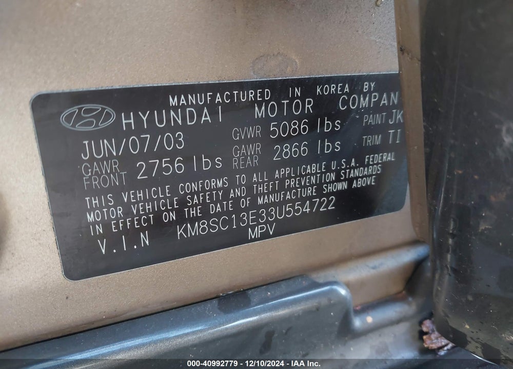 2003 HYUNDAI SANTA FE GLS/LX VIN: KM8SC13E33U554722