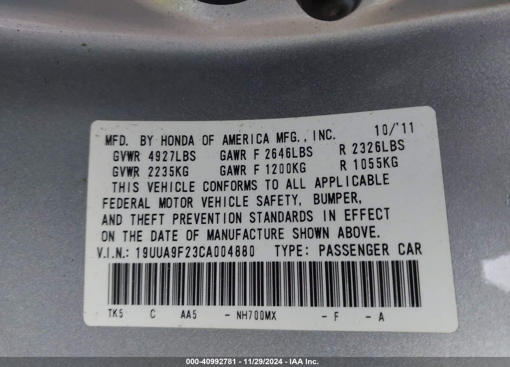 2012 ACURA TL VIN: 19UUA9F23CA004880