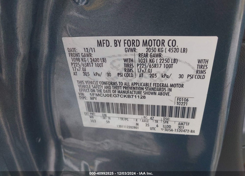 2012 FORD ESCAPE LIMITED VIN: 1FMCU0EG7CKB71128