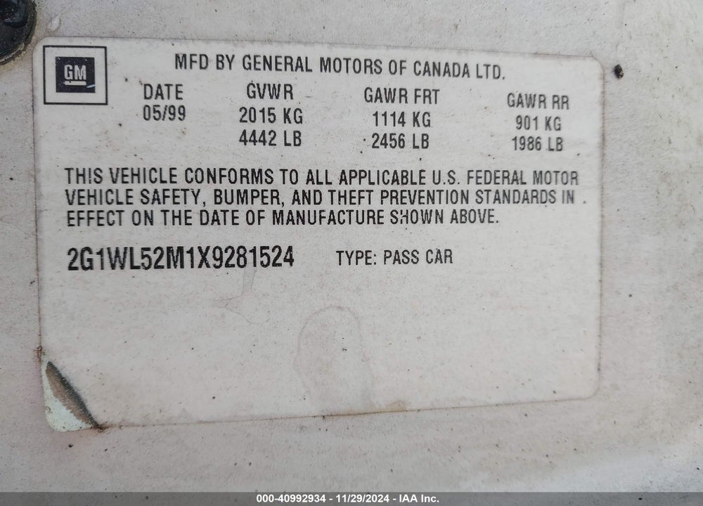 1999 CHEVROLET LUMINA LS VIN: 2G1WL52M1X9281524